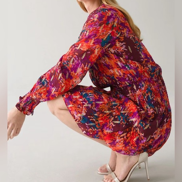 White House Black Market Long Sleeve Floral Print Smocked Blouson Dress, Size XL - Picture 3 of 7